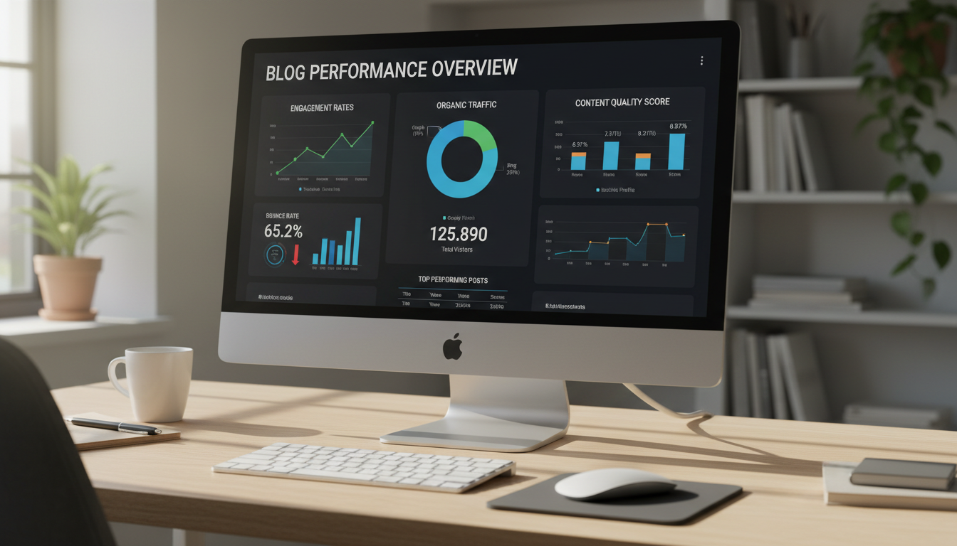 Dashboard displaying blog performance metrics including engagement rates, organic traffic, and content quality scores