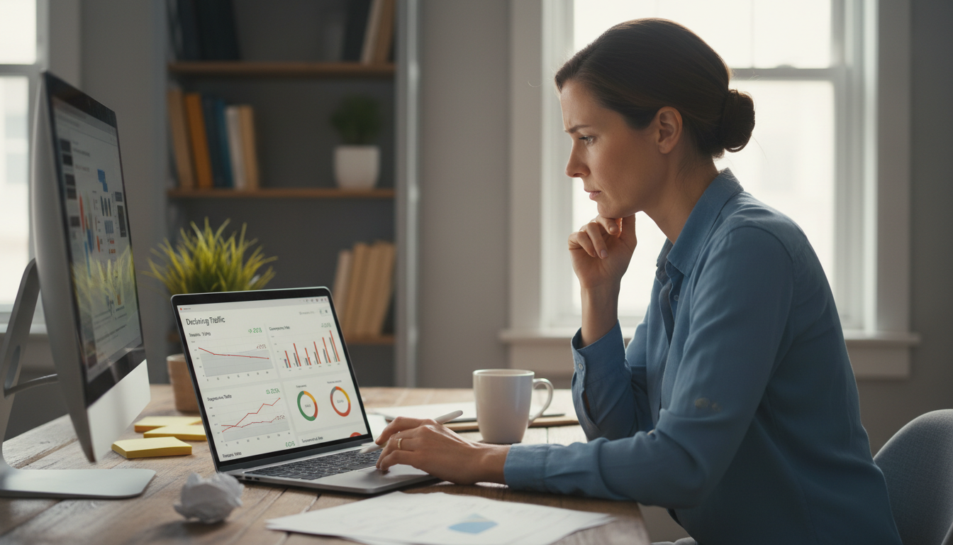Professional marketer analyzing declining traffic charts and graphs on laptop screen with Google Analytics dashboard visible