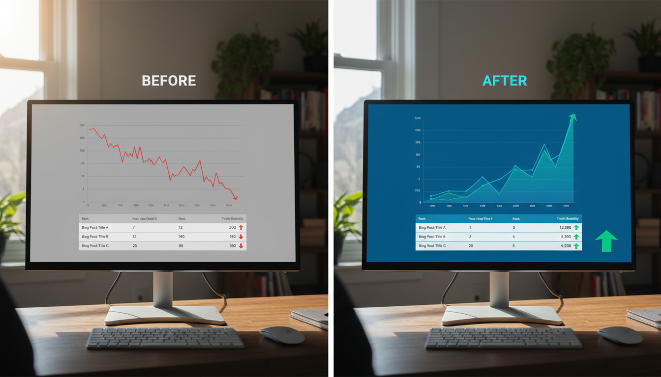 Before and after comparison of blog post rankings showing traffic improvement and upward trending analytics data