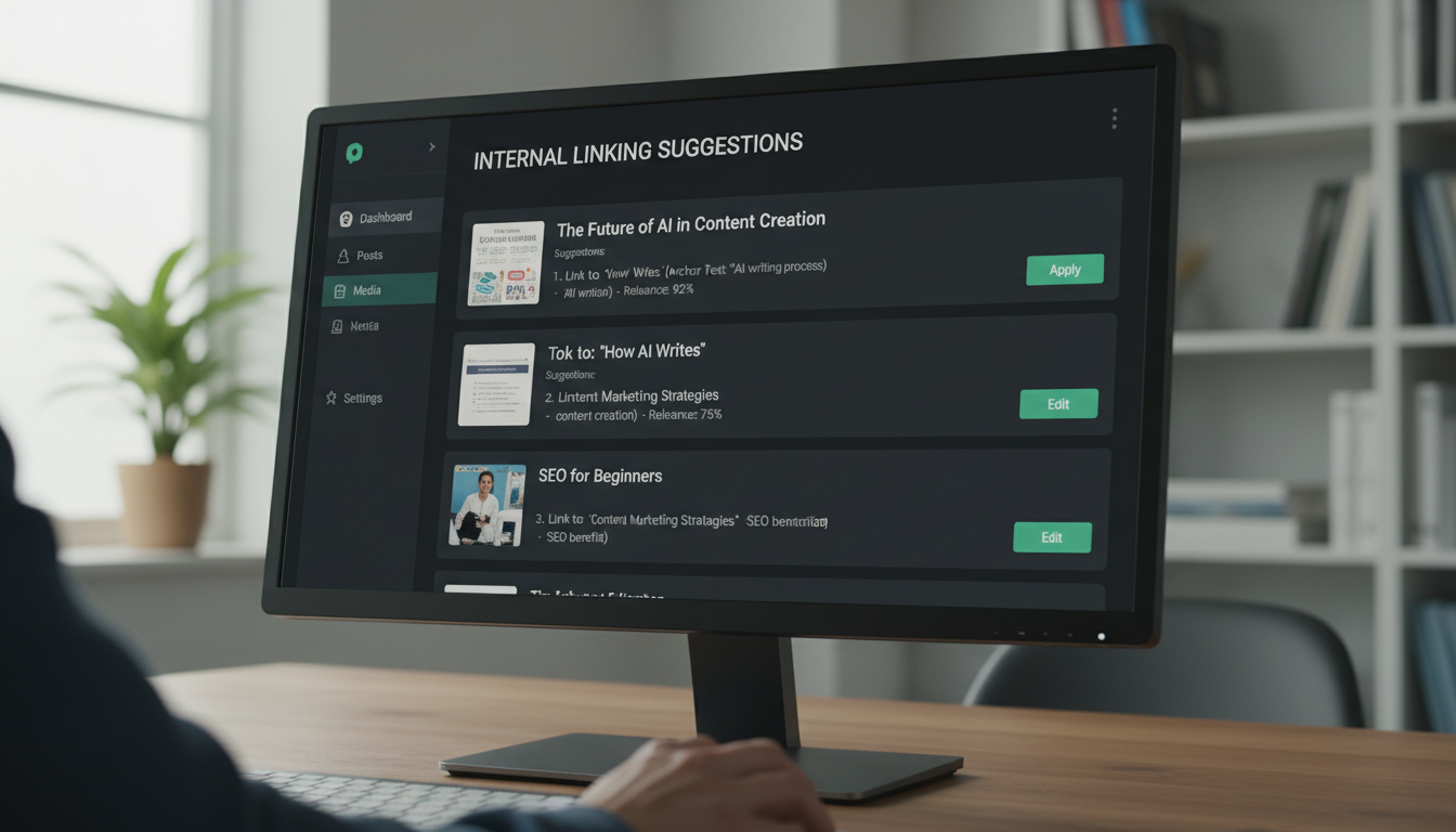 Dashboard screenshot showing AI-powered internal linking suggestions with anchor text options and relevance scores for blog posts
