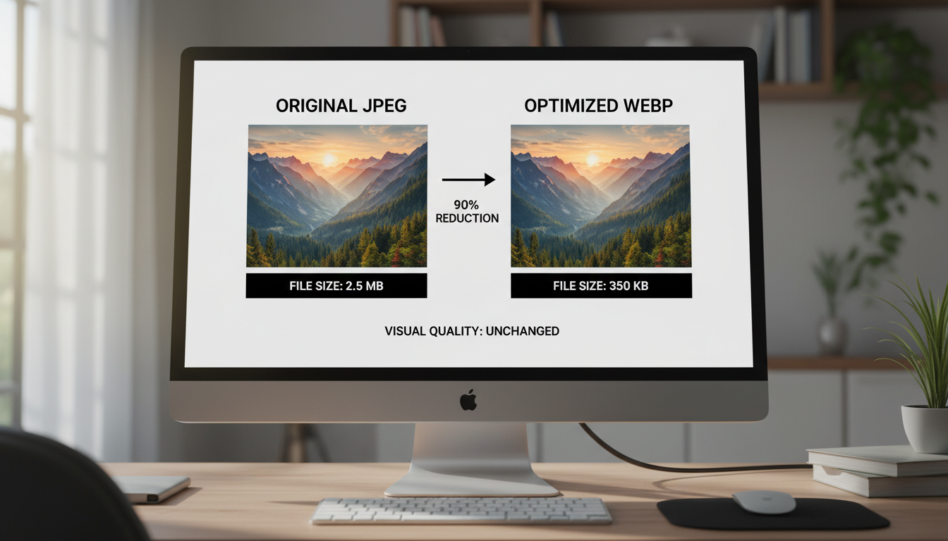 Side-by-side comparison chart showing file size reduction from JPEG to WebP format with visual quality maintained
