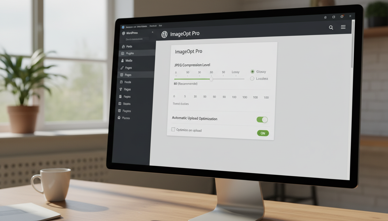 WordPress dashboard showing image optimization plugin settings with compression level options and automatic upload optimization toggle
