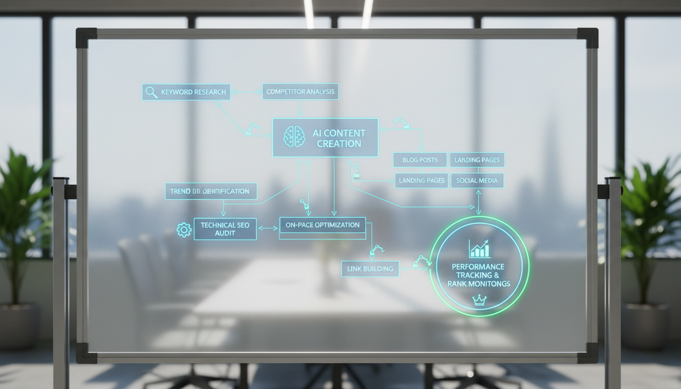 Content optimization workflow diagram showing automated processes from keyword research through content creation, technical audit, and rank tracking with AI-powered tools