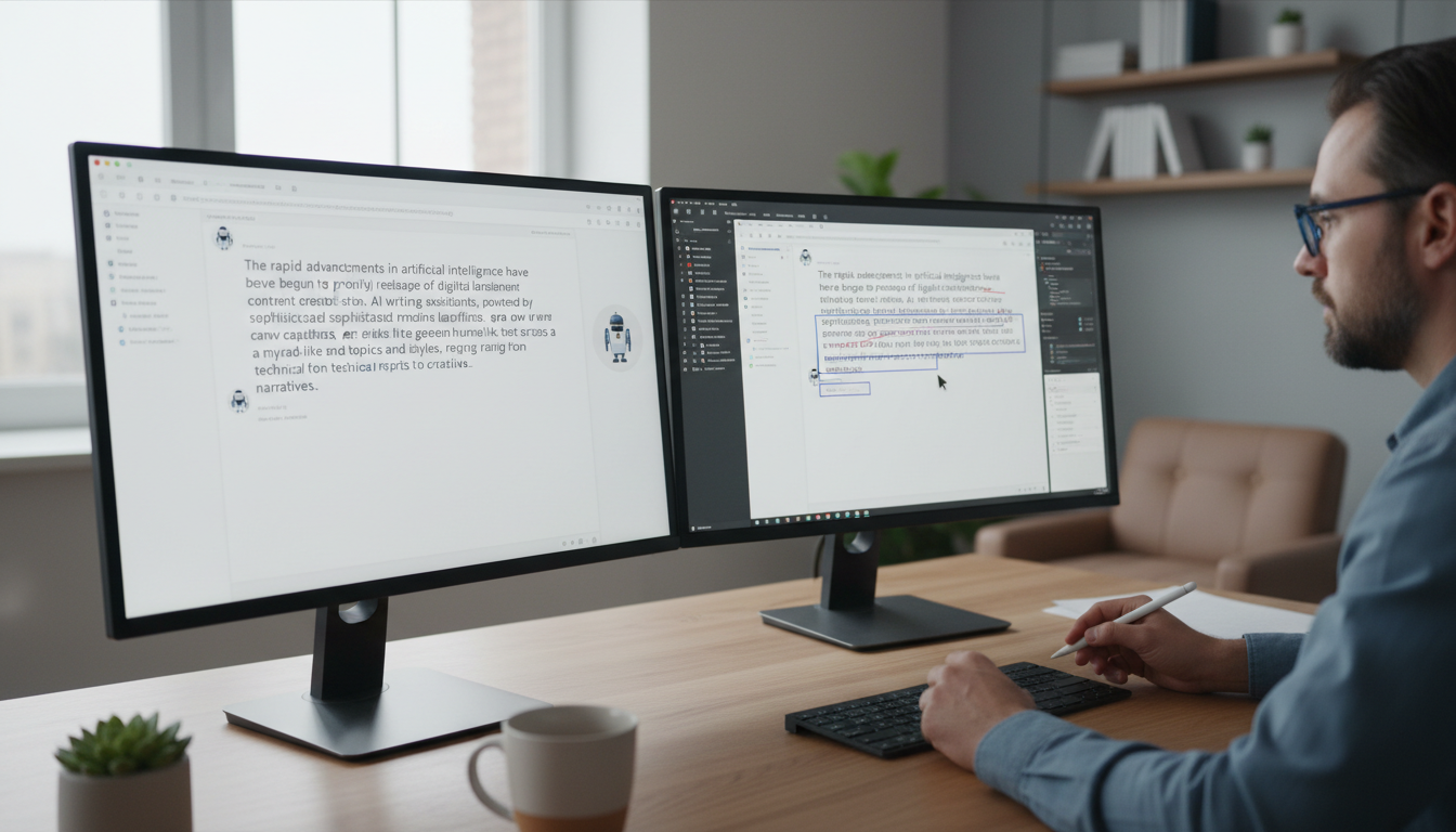 Digital workspace showing AI writing assistant interface alongside human editor making detailed revisions