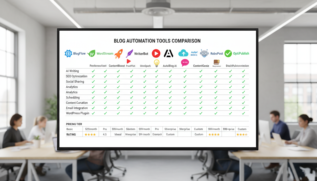 Side-by-side comparison chart showing 13 different blog automation tool logos with feature checkmarks, pricing tiers, and rating stars