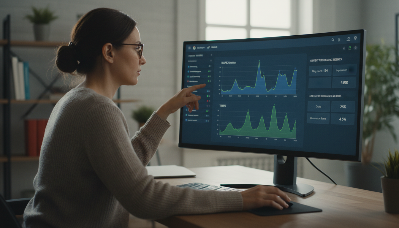 Professional marketer reviewing SEO automation dashboard with keyword rankings, traffic graphs, and content performance metrics on a modern computer screen