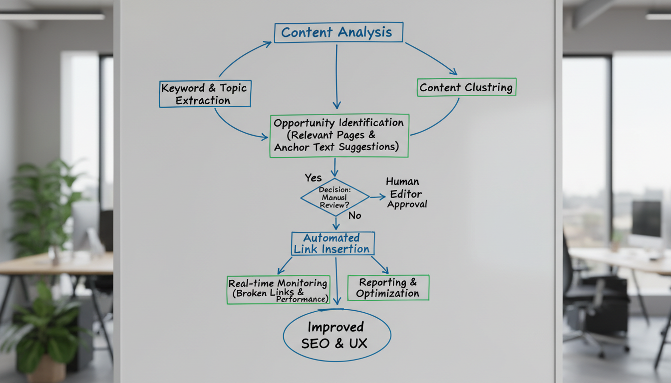 Flowchart diagram illustrating automated internal linking strategy workflow from content analysis to link insertion and monitoring