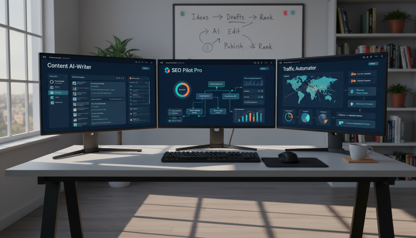 Digital workspace showing multiple SEO automation tools and AI platforms open on computer screens with workflow diagrams