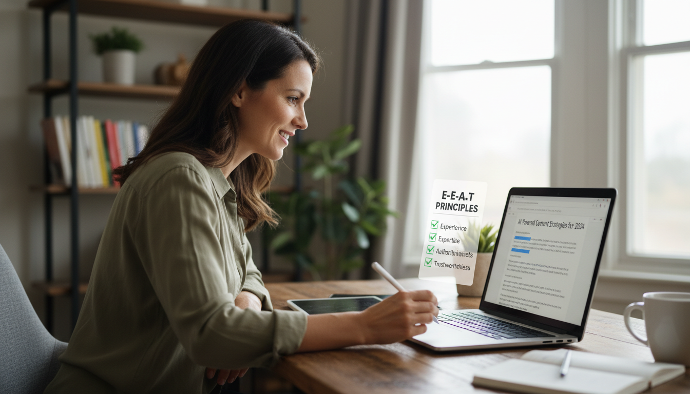 Professional marketer reviewing automated blog content on laptop screen with E-E-A-T checklist visible
