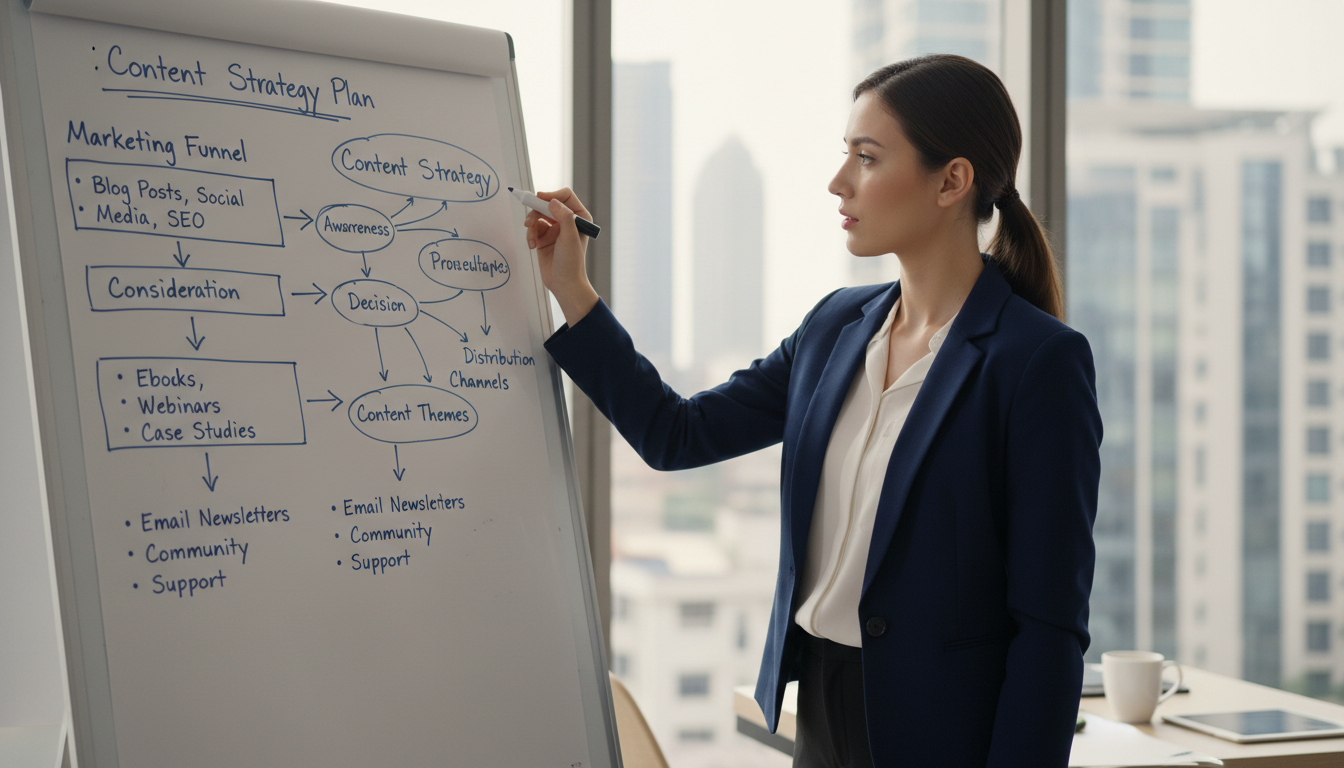 Business professional writing documented content strategy plan on whiteboard with flowcharts and marketing funnel stages
