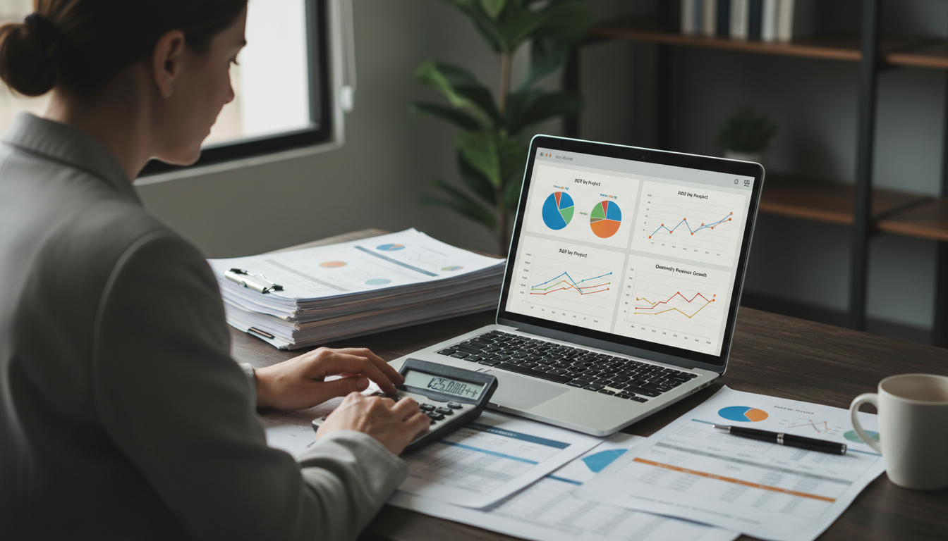 Business professional analyzing colorful ROI charts and revenue graphs on a laptop screen with calculator and financial documents on desk