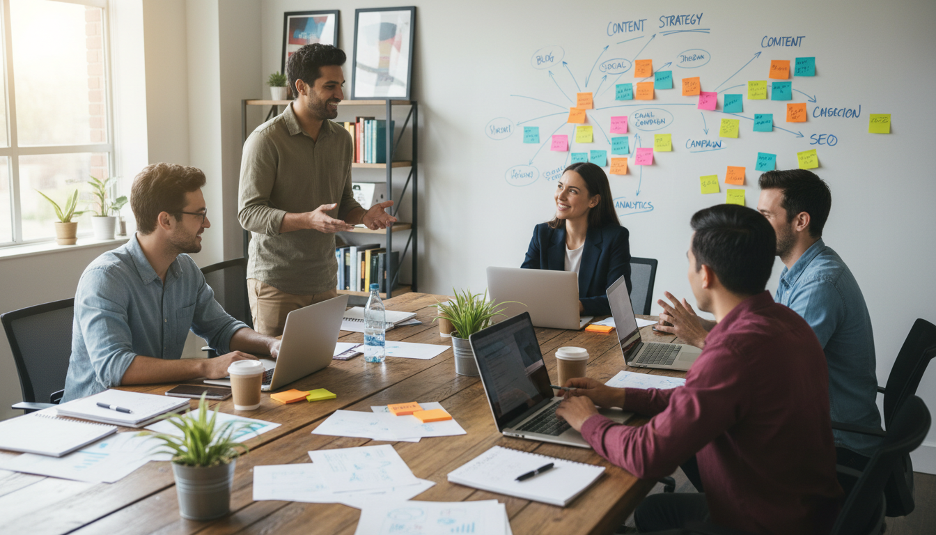 Marketing team collaborating around a desk with laptops, notebooks, and colorful sticky notes mapping out a content strategy plan on a whiteboard