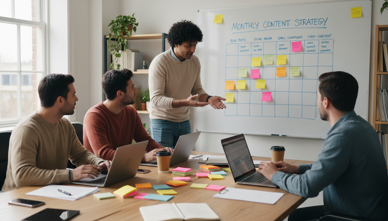 Professional marketing team collaborating around a large desk with laptops and colorful sticky notes mapping out monthly content strategy on a white board with calendar grids and content categories