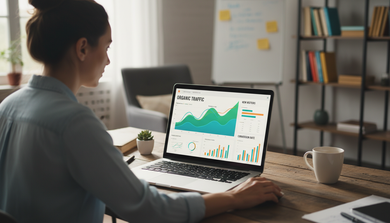E-commerce business owner reviewing colorful analytics dashboard showing organic traffic growth charts and visitor metrics on laptop screen