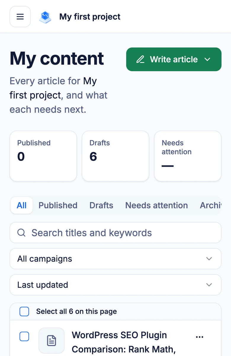Hiland content engine on a phone: drafts ready to edit and publish