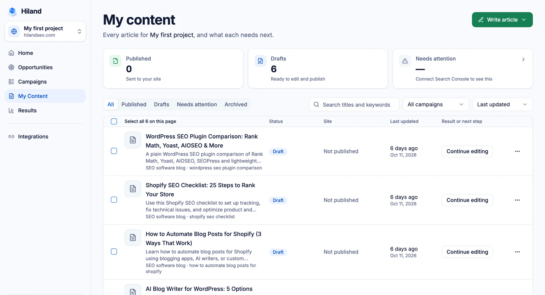 Hiland content engine article list with drafts ready to edit and publish