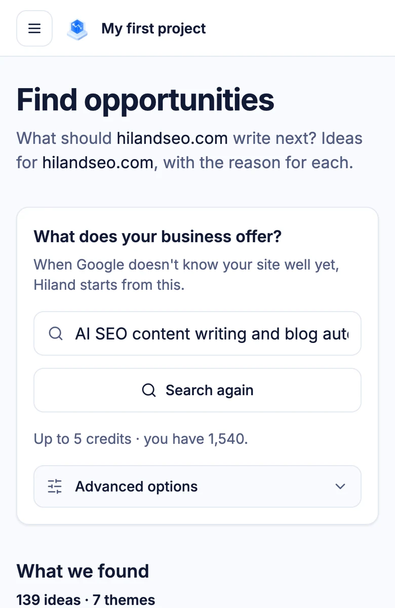 Hiland content engine on a phone: find opportunities for a website