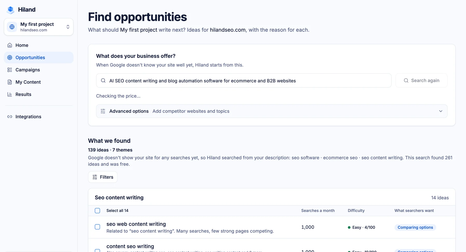 Hiland content engine showing keyword opportunities with monthly searches and difficulty for a website